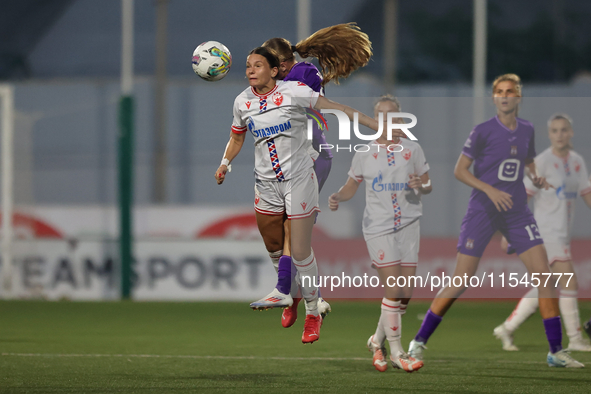 Nina Cavic of Crvena Zvezda heads the ball during the UEFA Women's Champions League First qualifying round, Semi-finals CP-Group 4 soccer ma...