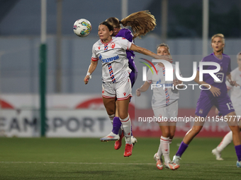 Nina Cavic of Crvena Zvezda heads the ball during the UEFA Women's Champions League First qualifying round, Semi-finals CP-Group 4 soccer ma...