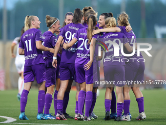 Luna Vanzeir of Anderlecht celebrates scoring the 4-0 goal with teammates during the UEFA Women's Champions League First qualifying round, S...