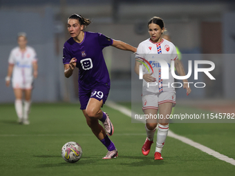 In Ta' Qali, Malta, on September 4, 2024, Nina Cavic (R) of Crvena Zvezda closely follows Amelie Delabre (L) of Anderlecht during the UEFA W...