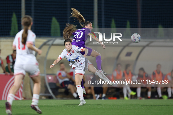 Laurie Teinturier (top right) of Anderlecht heads the ball during the UEFA Women's Champions League First qualifying round, Semi-finals CP-G...