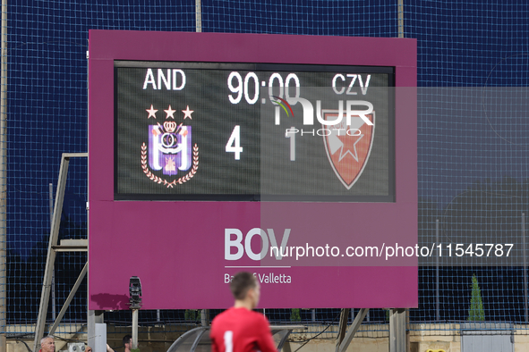 The final scoreline is displayed on the venue's scoreboard after the UEFA Women's Champions League First qualifying round, Semi-finals CP-Gr...