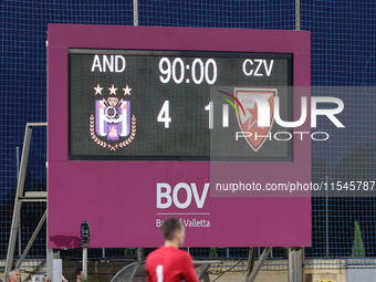 The final scoreline is displayed on the venue's scoreboard after the UEFA Women's Champions League First qualifying round, Semi-finals CP-Gr...