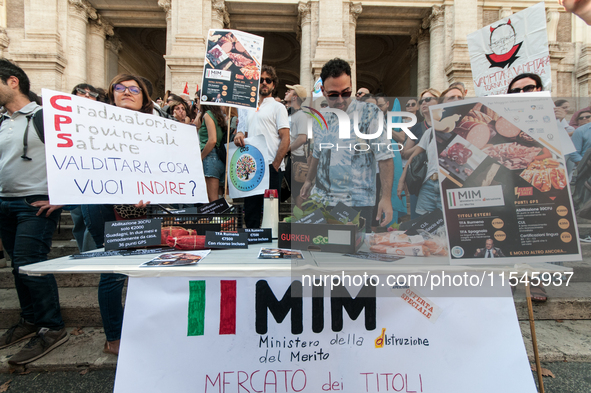 Temporary teachers, support teachers, and parents of disabled children demonstrate in front of the Ministry of Education and Merit against p...