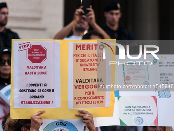 Temporary teachers, support teachers, and parents of disabled children demonstrate in front of the Ministry of Education and Merit against p...