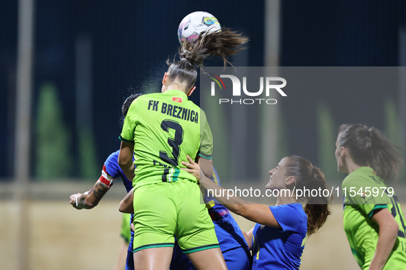 Anastasija Bulic of Breznica heads the ball during the UEFA Women's Champions League First qualifying round, Semi-finals CP-Group 4 soccer m...