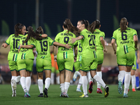 Soccer players from Breznica celebrate Marijana Jankov (center back partially hidden) scoring the 1-0 goal during the UEFA Women's Champions...