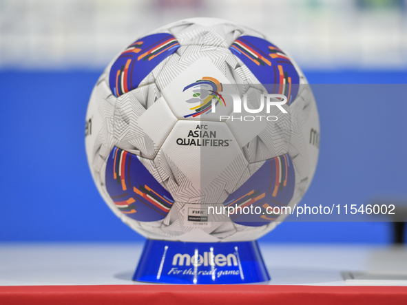 The match ball is displayed before the press conference ahead of the FIFA World Cup 2026 AFC Asian qualifier 3rd round group A match between...