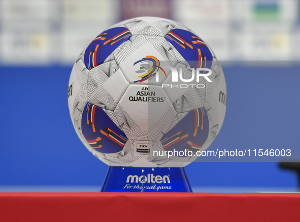 The match ball is displayed before the press conference ahead of the FIFA World Cup 2026 AFC Asian qualifier 3rd round group A match between...