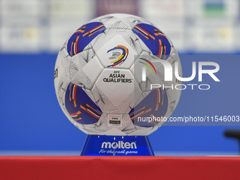 The match ball is displayed before the press conference ahead of the FIFA World Cup 2026 AFC Asian qualifier 3rd round group A match between...