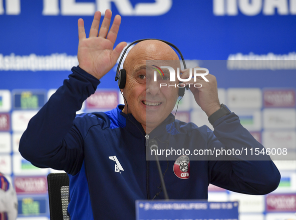 Qatar national team head coach Marquez Lopez attends a press conference at Ahmad Bin Ali Stadium in Al Rayyan, Qatar, on September 4, 2024,...