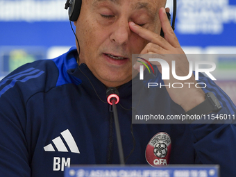 Qatar national team head coach Marquez Lopez attends a press conference at Ahmad Bin Ali Stadium in Al Rayyan, Qatar, on September 4, 2024,...