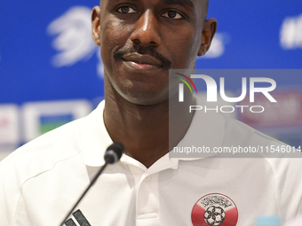 Qatar national team player Moez Al Ali attends a press conference at Ahmad Bin Ali Stadium in Al Rayyan, Qatar, on September 4, 2024, ahead...