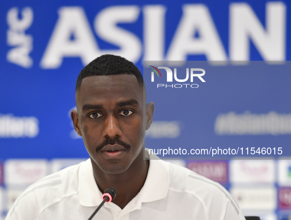 Qatar national team player Moez Al Ali attends a press conference at Ahmad Bin Ali Stadium in Al Rayyan, Qatar, on September 4, 2024, ahead...