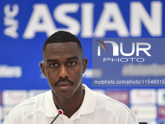 Qatar national team player Moez Al Ali attends a press conference at Ahmad Bin Ali Stadium in Al Rayyan, Qatar, on September 4, 2024, ahead...