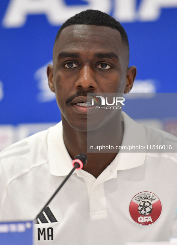 Qatar national team player Moez Al Ali attends a press conference at Ahmad Bin Ali Stadium in Al Rayyan, Qatar, on September 4, 2024, ahead...