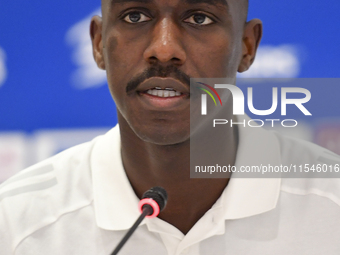 Qatar national team player Moez Al Ali attends a press conference at Ahmad Bin Ali Stadium in Al Rayyan, Qatar, on September 4, 2024, ahead...