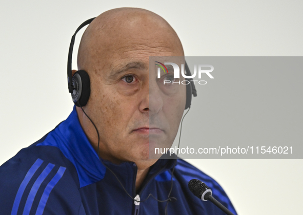 Qatar national team head coach Marquez Lopez attends a press conference at Ahmad Bin Ali Stadium in Al Rayyan, Qatar, on September 4, 2024,...