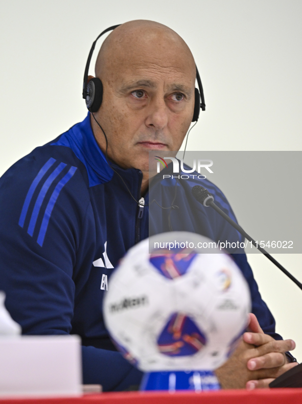 Qatar national team head coach Marquez Lopez attends a press conference at Ahmad Bin Ali Stadium in Al Rayyan, Qatar, on September 4, 2024,...