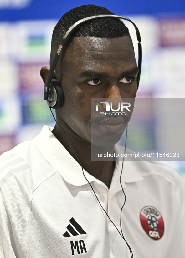 Qatar national team player Moez Al Ali attends a press conference at Ahmad Bin Ali Stadium in Al Rayyan, Qatar, on September 4, 2024, ahead...