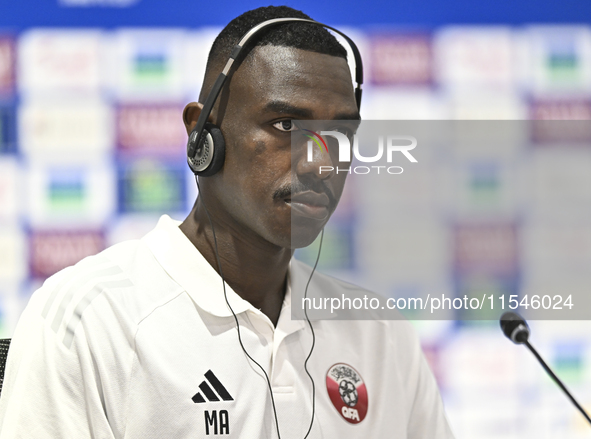 Qatar national team player Moez Al Ali attends a press conference at Ahmad Bin Ali Stadium in Al Rayyan, Qatar, on September 4, 2024, ahead...