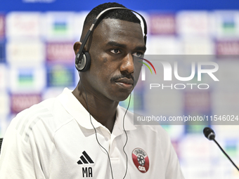 Qatar national team player Moez Al Ali attends a press conference at Ahmad Bin Ali Stadium in Al Rayyan, Qatar, on September 4, 2024, ahead...