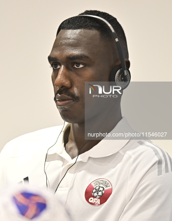 Qatar national team player Moez Al Ali attends a press conference at Ahmad Bin Ali Stadium in Al Rayyan, Qatar, on September 4, 2024, ahead...