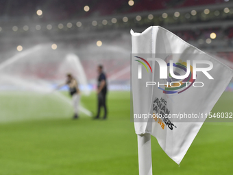 Sprinklers water the pitch inside Ahmad Bin Ali Stadium before the training session ahead of the FIFA World Cup 2026 AFC Asian qualifier 3rd...