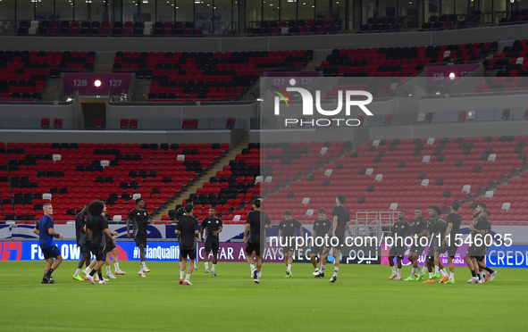 Players of the Qatar National team train at Ahmad Bin Ali Stadium in Al Rayyan, Qatar, on September 4, 2024, on the eve of their Qualificati...