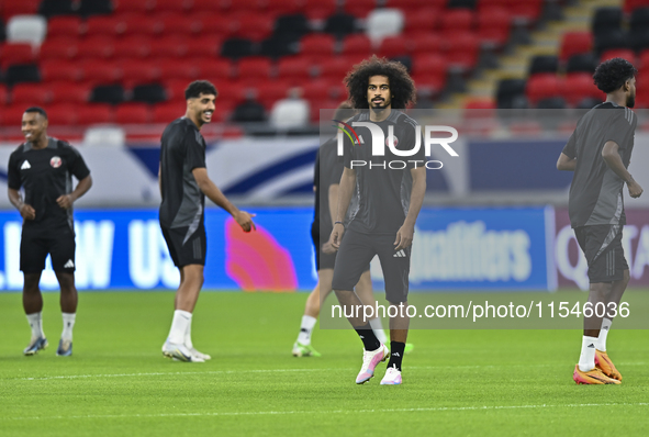 Akram Afif of Qatar trains at Ahmad Bin Ali Stadium in Al Rayyan, Qatar, on September 4, 2024, on the eve of their Qualification 3rd Round f...