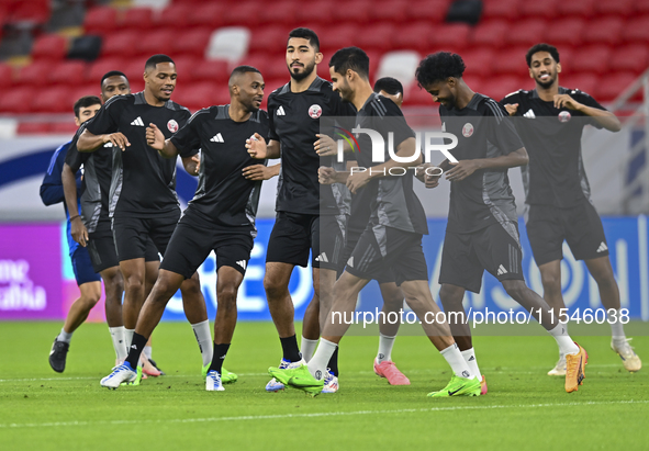 Players of the Qatar National team train at Ahmad Bin Ali Stadium in Al Rayyan, Qatar, on September 4, 2024, on the eve of their Qualificati...