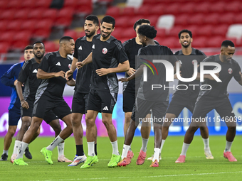 Players of the Qatar National team train at Ahmad Bin Ali Stadium in Al Rayyan, Qatar, on September 4, 2024, on the eve of their Qualificati...