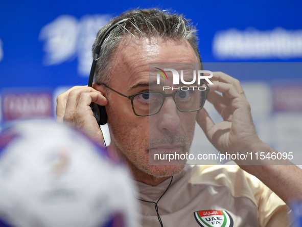 United Arab Emirates national team head coach Paulo Bento attends a press conference at Ahmad Bin Ali Stadium in Al Rayyan, Qatar, on Septem...