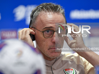 United Arab Emirates national team head coach Paulo Bento attends a press conference at Ahmad Bin Ali Stadium in Al Rayyan, Qatar, on Septem...