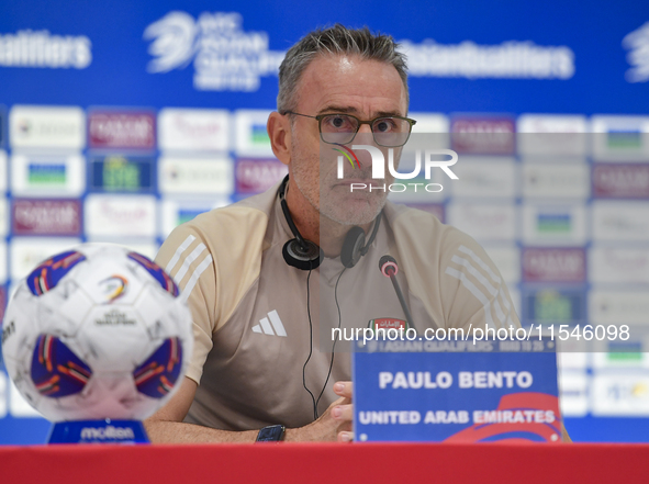 United Arab Emirates national team head coach Paulo Bento attends a press conference at Ahmad Bin Ali Stadium in Al Rayyan, Qatar, on Septem...