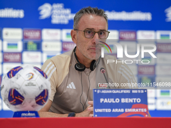 United Arab Emirates national team head coach Paulo Bento attends a press conference at Ahmad Bin Ali Stadium in Al Rayyan, Qatar, on Septem...