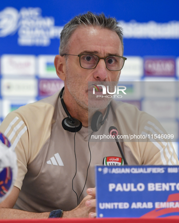 United Arab Emirates national team head coach Paulo Bento attends a press conference at Ahmad Bin Ali Stadium in Al Rayyan, Qatar, on Septem...