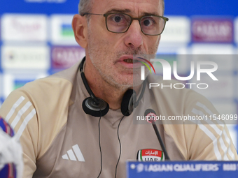 United Arab Emirates national team head coach Paulo Bento attends a press conference at Ahmad Bin Ali Stadium in Al Rayyan, Qatar, on Septem...