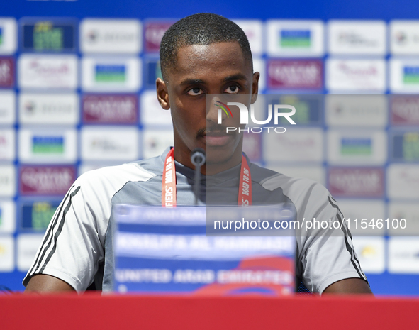 United Arab Emirates national team player Khalifa Al Hammadi attends a press conference at Ahmad Bin Ali Stadium in Al Rayyan, Qatar, on Sep...