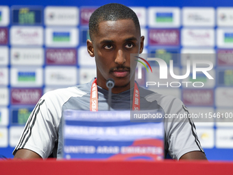 United Arab Emirates national team player Khalifa Al Hammadi attends a press conference at Ahmad Bin Ali Stadium in Al Rayyan, Qatar, on Sep...