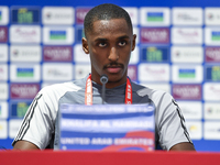 United Arab Emirates national team player Khalifa Al Hammadi attends a press conference at Ahmad Bin Ali Stadium in Al Rayyan, Qatar, on Sep...