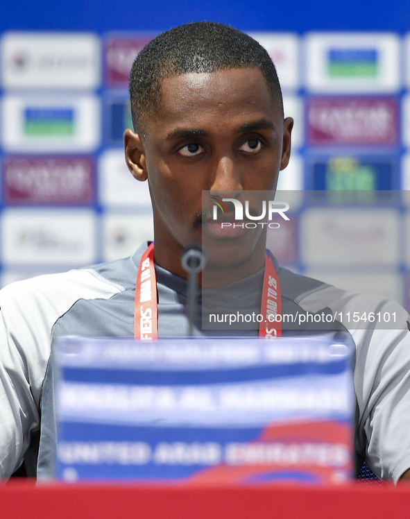 United Arab Emirates national team player Khalifa Al Hammadi attends a press conference at Ahmad Bin Ali Stadium in Al Rayyan, Qatar, on Sep...