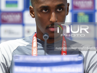 United Arab Emirates national team player Khalifa Al Hammadi attends a press conference at Ahmad Bin Ali Stadium in Al Rayyan, Qatar, on Sep...