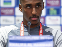 United Arab Emirates national team player Khalifa Al Hammadi attends a press conference at Ahmad Bin Ali Stadium in Al Rayyan, Qatar, on Sep...