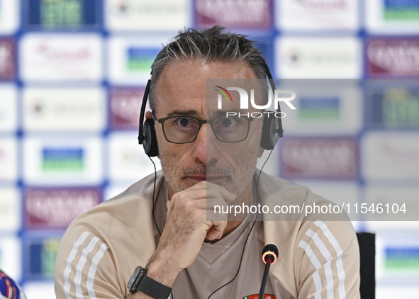 United Arab Emirates national team head coach Paulo Bento attends a press conference at Ahmad Bin Ali Stadium in Al Rayyan, Qatar, on Septem...