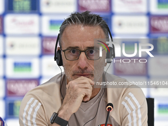 United Arab Emirates national team head coach Paulo Bento attends a press conference at Ahmad Bin Ali Stadium in Al Rayyan, Qatar, on Septem...