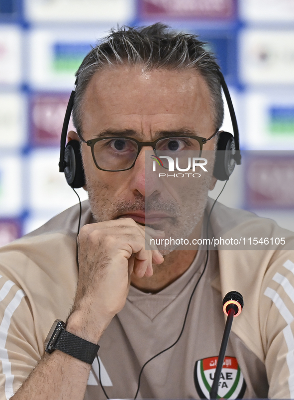 United Arab Emirates national team head coach Paulo Bento attends a press conference at Ahmad Bin Ali Stadium in Al Rayyan, Qatar, on Septem...