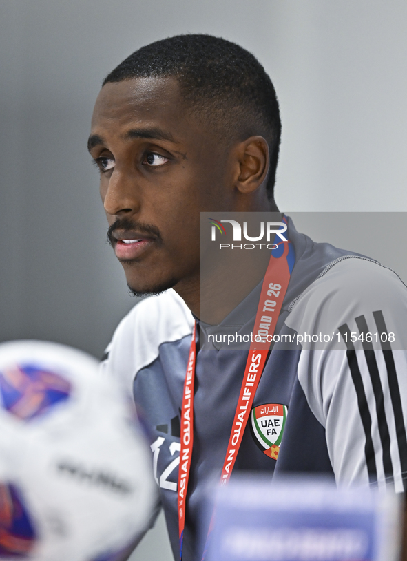 United Arab Emirates national team player Khalifa Al Hammadi attends a press conference at Ahmad Bin Ali Stadium in Al Rayyan, Qatar, on Sep...