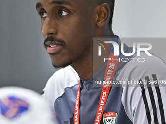 United Arab Emirates national team player Khalifa Al Hammadi attends a press conference at Ahmad Bin Ali Stadium in Al Rayyan, Qatar, on Sep...