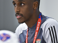 United Arab Emirates national team player Khalifa Al Hammadi attends a press conference at Ahmad Bin Ali Stadium in Al Rayyan, Qatar, on Sep...